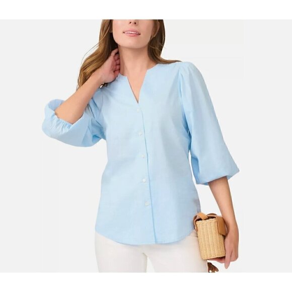J Mclaughlin Haxton poplin button down Blouse puff sleeves frost blue Small - Picture 1 of 8